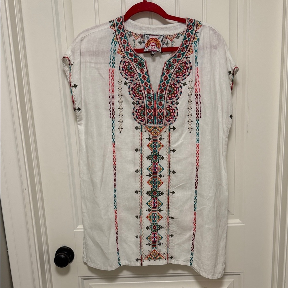 Johnny Was Verena Linen Easy Yoke Tunic Size Small-Embroidered